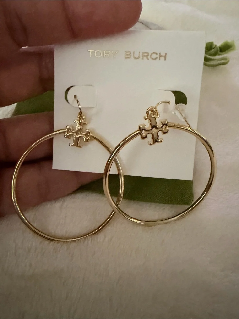 Tory Burch Gold Logo Hoop Earrings with Signature Emblem